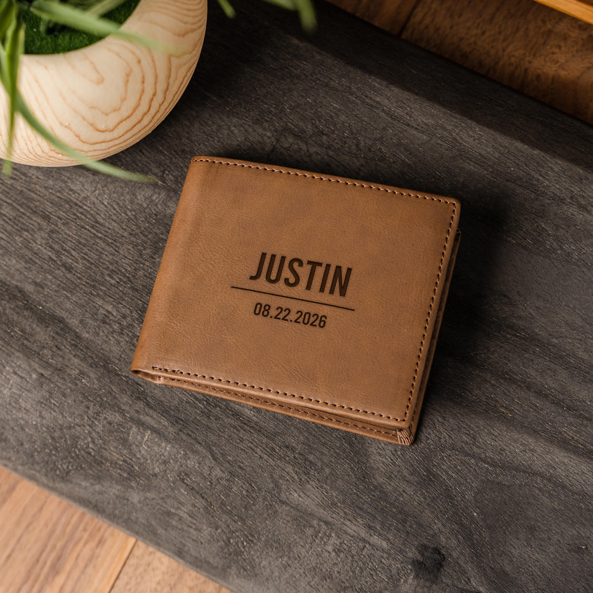 Personalized Groomsmen Wallet — Engraved Vegan Leather Bifold
