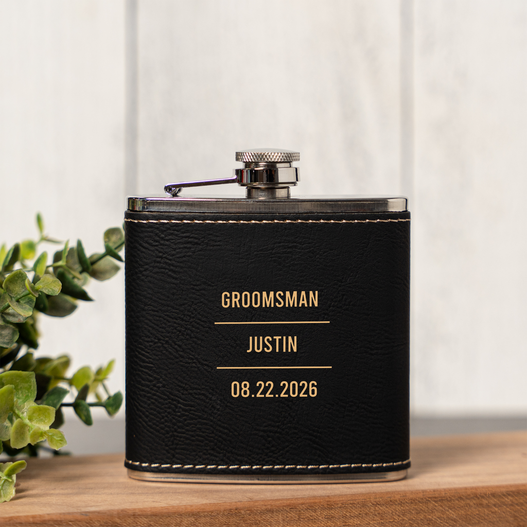 Personalized Groomsmen Flask — Engraved Leather