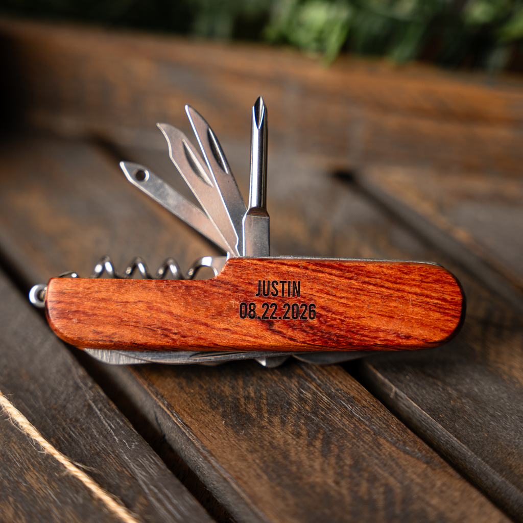 Personalized Groomsmen Knife — Engraved Wood Handle
