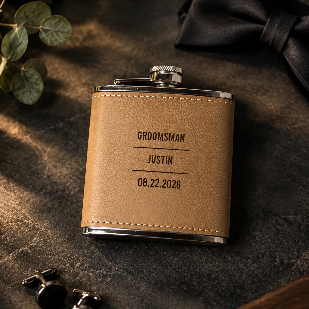 Personalized groomsmen flask in tan leather, engraved GROOMSMAN, JUSTIN and the wedding date, resting on dark slate with a black bow tie, cufflinks and eucalyptus
