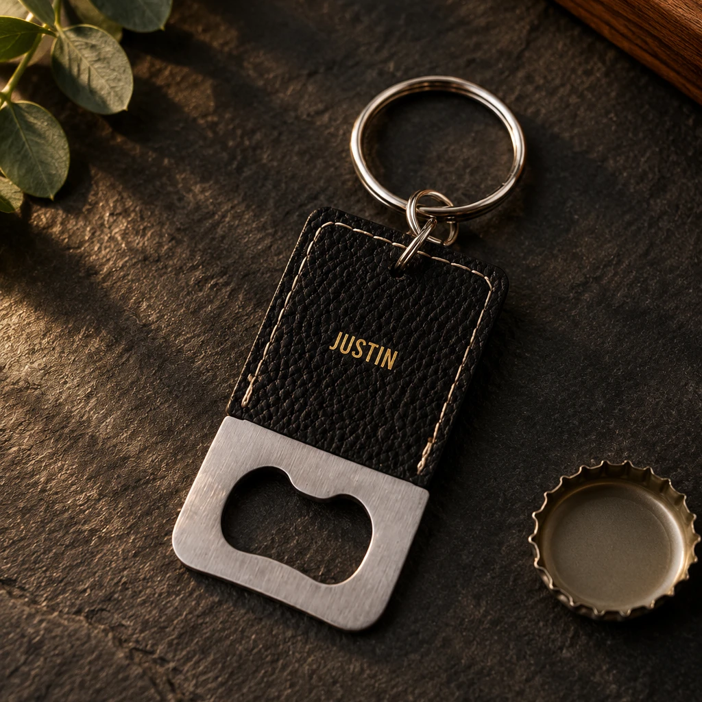 Personalized groomsmen bottle opener keychain in black leather, the name JUSTIN stamped in gold, on dark slate beside a bottle cap