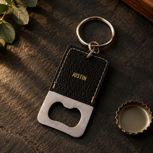 Personalized groomsmen bottle opener keychain in black leather, the name JUSTIN stamped in gold, on dark slate beside a bottle cap