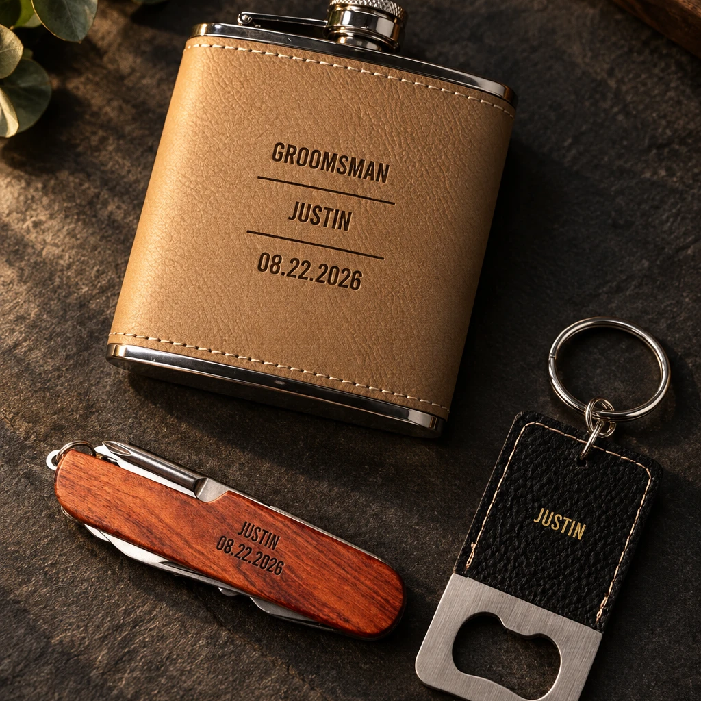 The Signature Set for groomsmen: an engraved leather flask, a rosewood pocket knife and a leather keychain bottle opener together on dark slate, each engraved with his name
