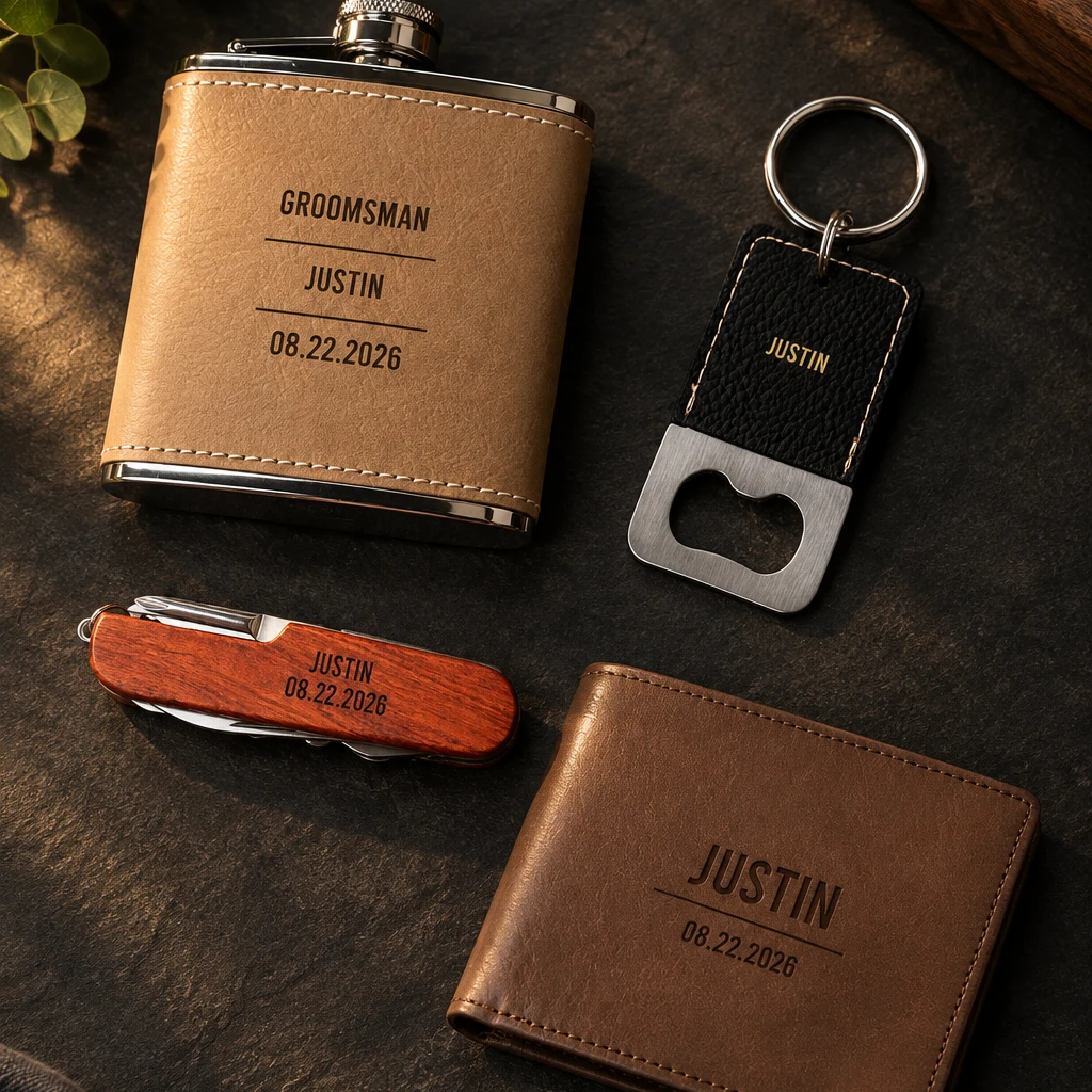 The Ultimate Set for groomsmen: an engraved leather flask, a rosewood pocket knife, a leather keychain bottle opener and a brown bifold wallet together on dark slate, each engraved with his name and the wedding date