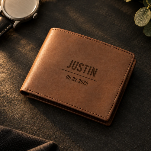 Personalized groomsmen bifold wallet in brown leather, engraved JUSTIN above the wedding date, on dark slate beside a wristwatch and eucalyptus